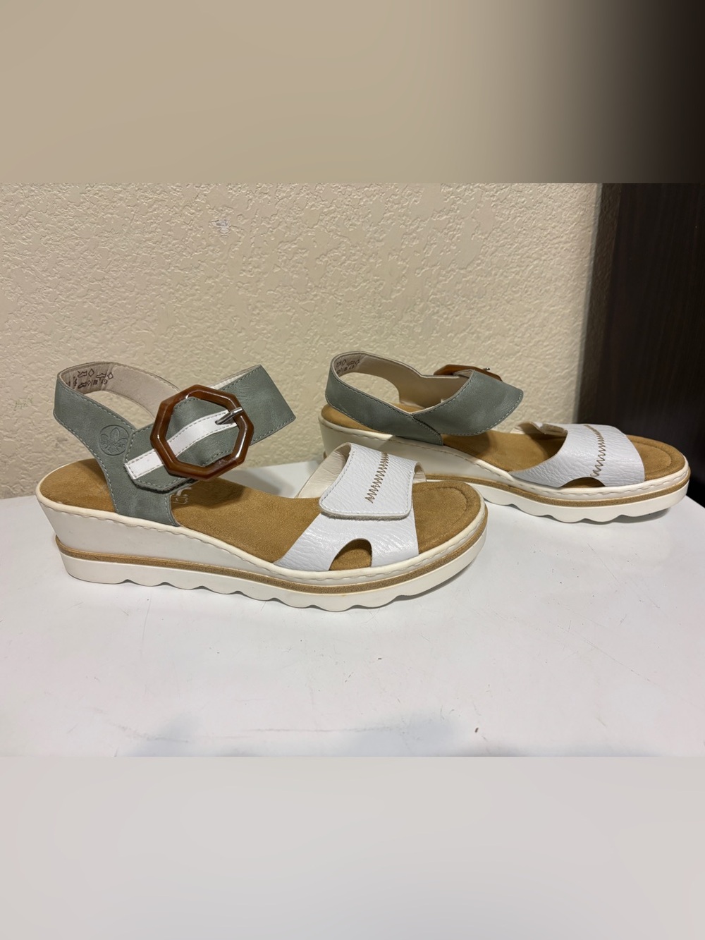 Rieker White and Sage Platform Sandals with Decorative Buckle, Size 42 US 10/11
